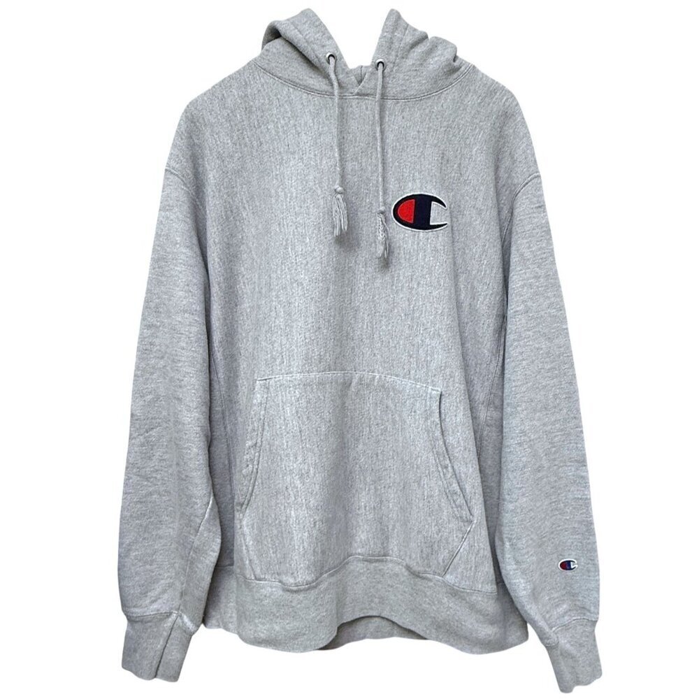 CHAMPION Reverse Weave Hoodie Size Large Oxford Grey Sweatshirt C Logo